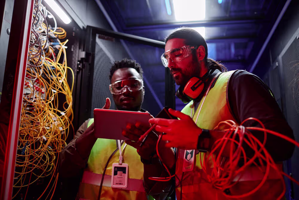 Engineers in safety goggles and hi-vis vests check a tablet amid cabling, reflecting a managed IT support provider in action